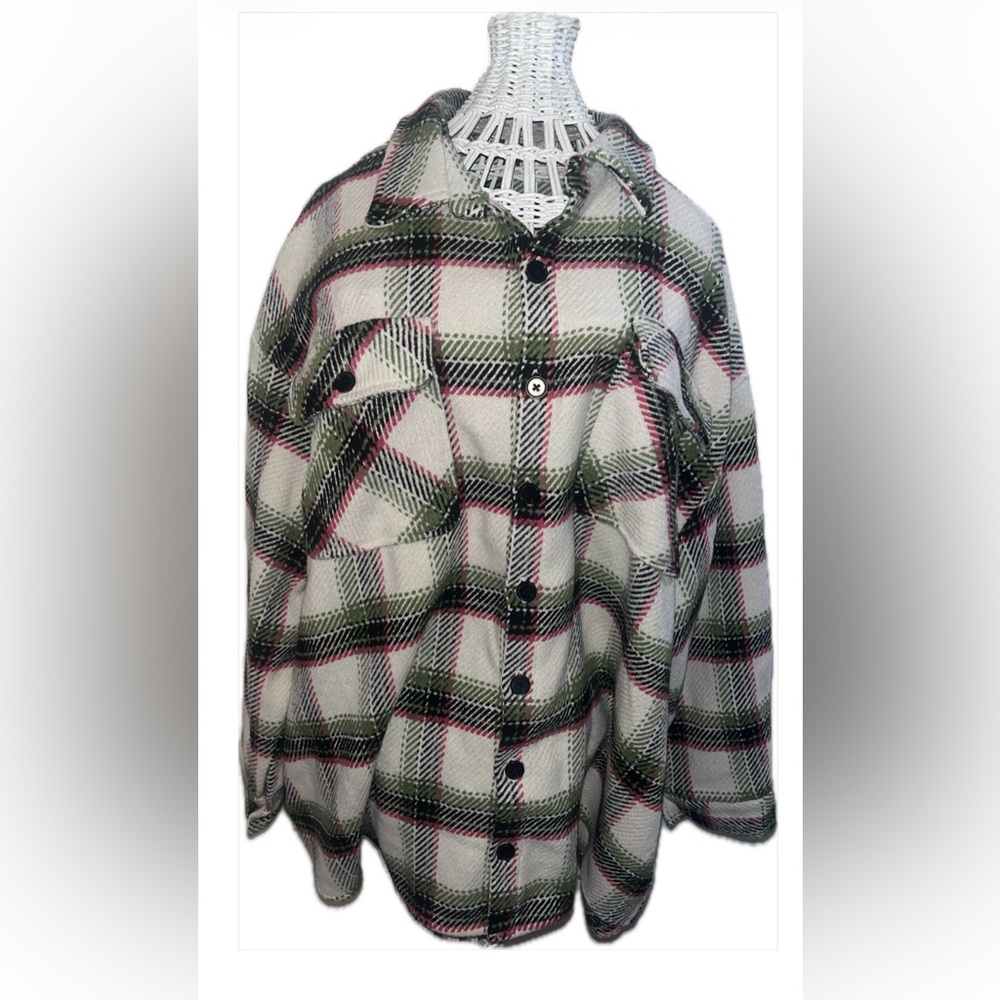 Wild Fable Plaid Button-Down Shacket in Green, Black & Pink